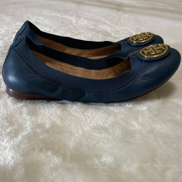 Tory Burch Navy Blue Leather Caroline Flats Gold Hardware Ballet Size: 5.5M - Picture 5 of 13